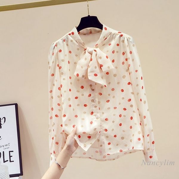 

blouses print bow collar chiffon blouse spring polka dot women's clothes office ladies all-match blusas mujer top, White
