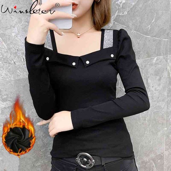 

women's t-shirt fall winter korean style t-shirt chic shiny diamonds women cotton ropa mujer with fleece bottoming shirt, White