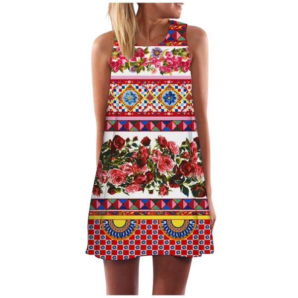 

ethnic clothing summer beach dress women vintage boho printing sleeveless o-neck short mini holiday, Red