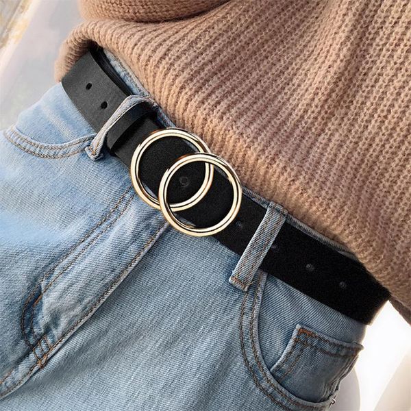 

designer's leatherbelt fashion alloy double ring circle buckle girl jeans dress wild belts, Black;brown