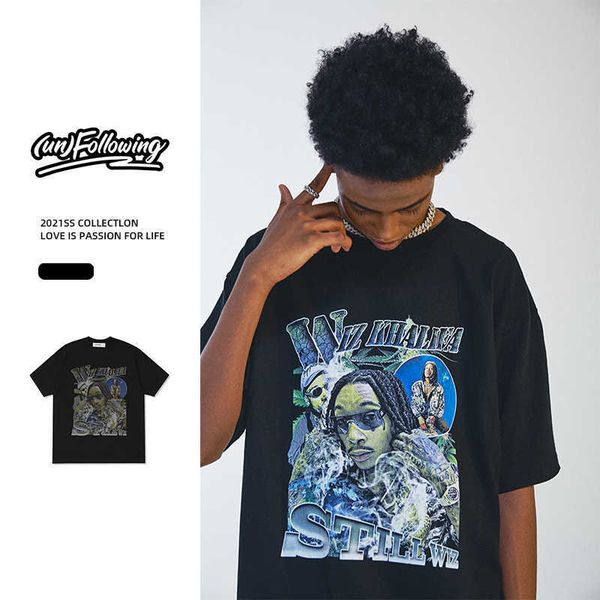 

high street hip hop 2021 summer loose short sleeve cotton print tee small round neck national fashion t-shirt black, White