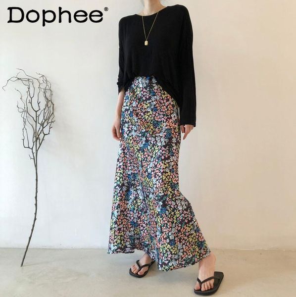 

skirts korean style chic french skirt summer elegant loose slimming high waist all-match fashion printed long, Black