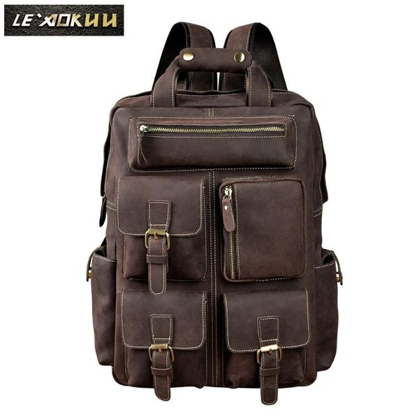 

backpack real leather heavy duty design men travel casual daypack rucksack fashion knapsack college school book lapbag 1170