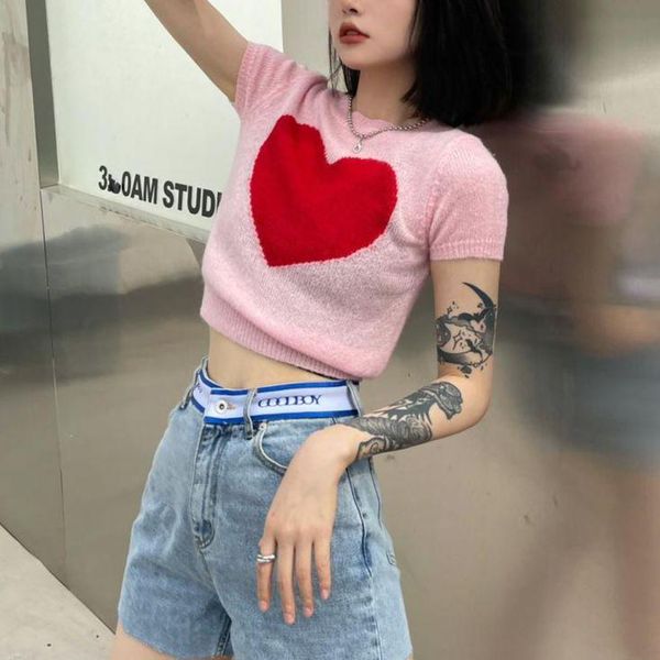 

women's t-shirt knitted mesh short short-sleeved 2021 summer women thin tee heart-shaped pattern aesthetic sweet slim, White
