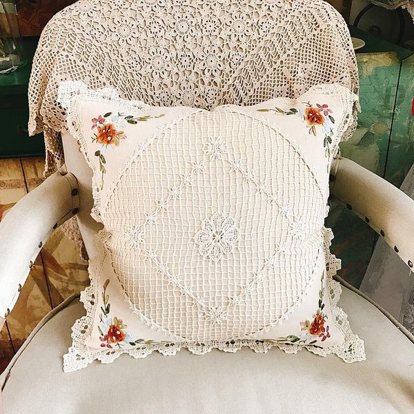 

cushion/decorative pillow european-style pastoral cotton hand embroidery mesh buckle lace pillowcase sofa cushion cover coussin a broder lq