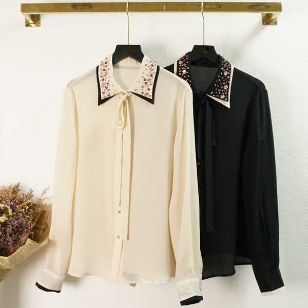 

women's blouses & shirts spring fall for women 100% silk diamonds elegant mrs bowtie shirt b765, White