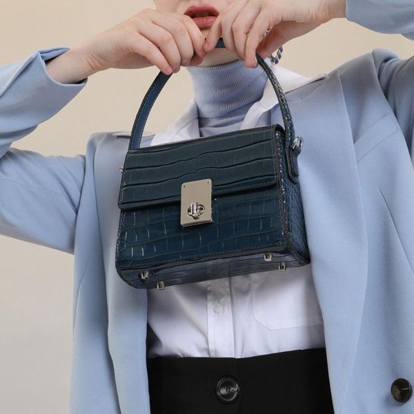 

evening bags blue fashion women bag\handbag genuine leather lock chains lady tote shoulder bag real simple female crossbody box