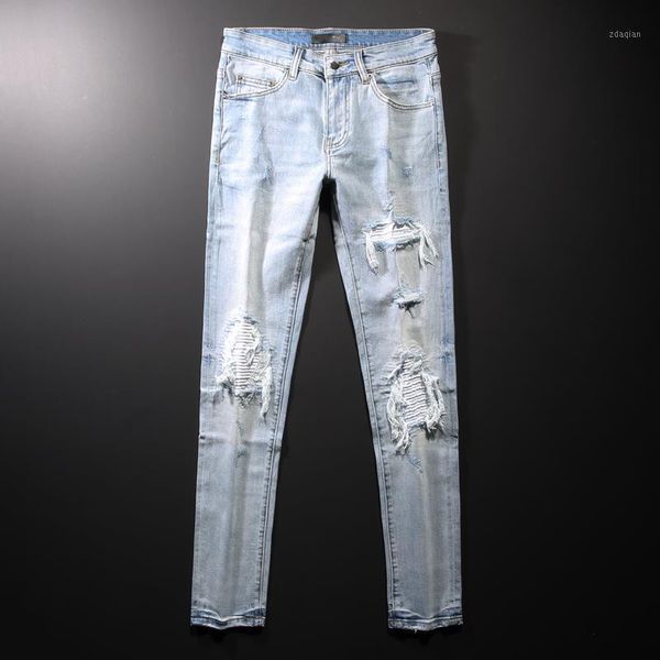 

spring light jean men trend hole patch pant crystal ripped fashion skinny denim pants tight men's jeans, Blue