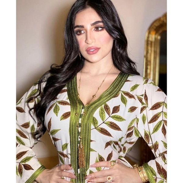

ethnic clothing fashion muslim arabic dress for women 2021 ribbon v neck long sleeve leaves print moroccan kaftan duabi green, Red