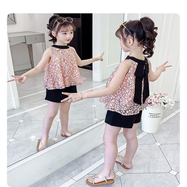 

clothing sets fashion 2pcs children clothes for girls summer kids 4 6 8 10 12 years baby lace sleeveless + shorts suit, White