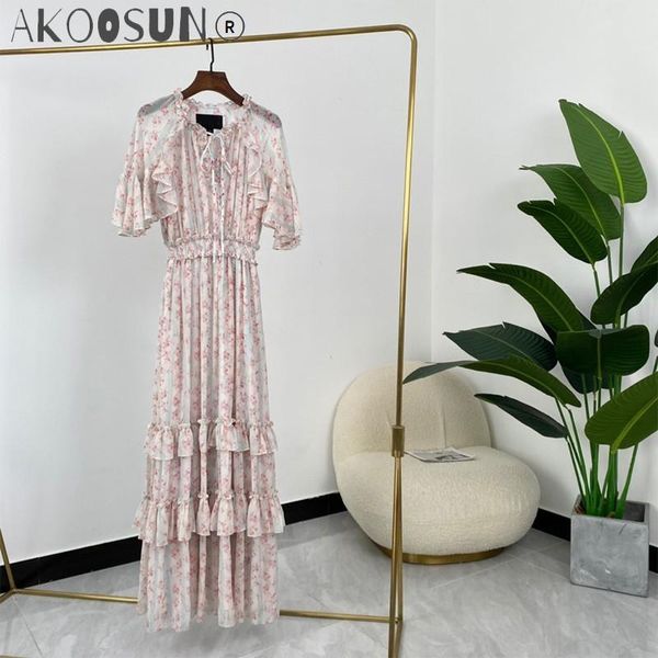 

party dresses 2021 summer pink floral print ruffles elastic shirred waist ladies elegant designer, White;black