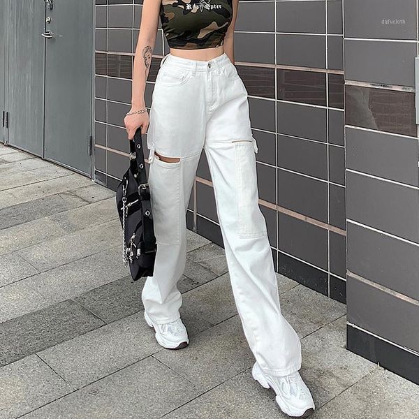 

women's jeans 2021 high waist button denim pants vintage straight harajuku cargo trousers fashion hollow out white streetwear, Blue