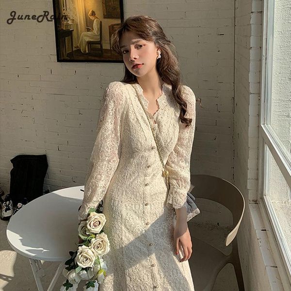 

casual dresses women v-neck korean dress autumn one-piece evening lady party fairy 2021 elegant lace long sleeve midi winter white, Black;gray