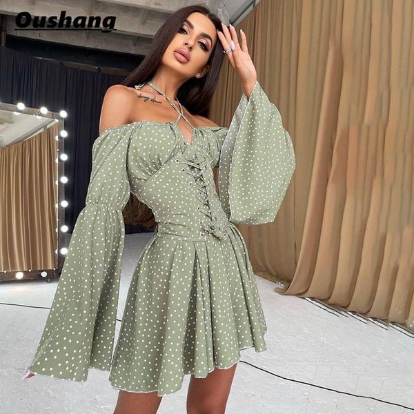 

casual dresses off shoulder vintage elegant pleated dress women 2021 autumn flare sleeve dot print short loose holiday street, Black;gray