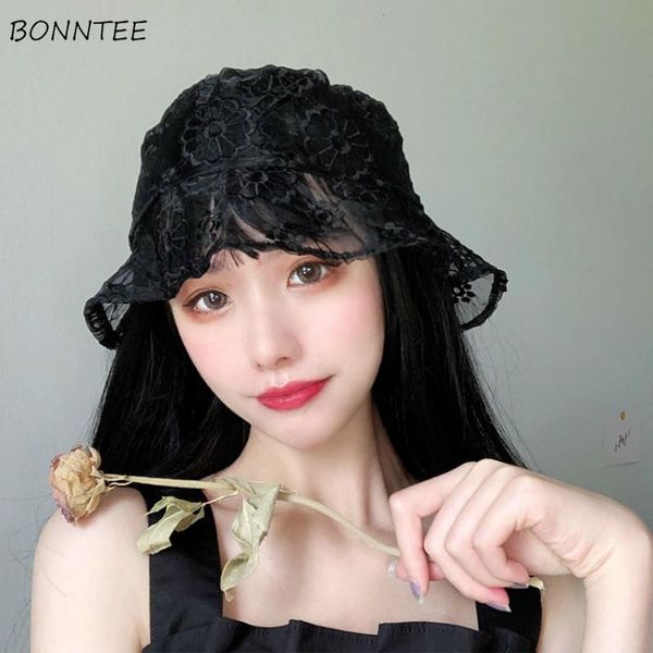

wide brim hats women lace floral design hollow out transparent leisure sweet girl lady bucket cap female summer holiday ulzzang est ins, Blue;gray
