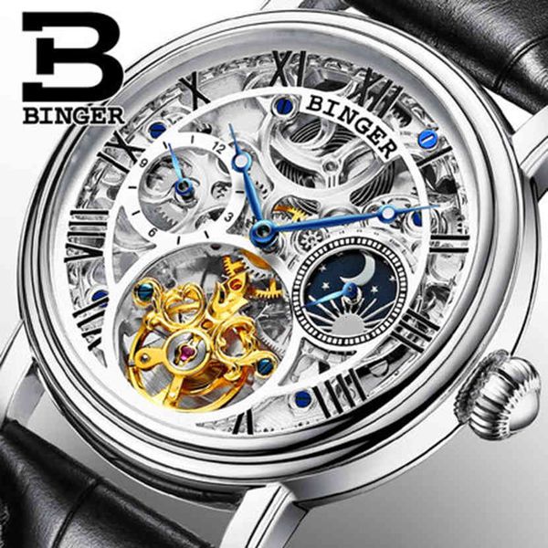 

real switzerland binger brand men mechanical clock skeleton saffier automatic steel tournament two edges hollow water density, Slivery;brown