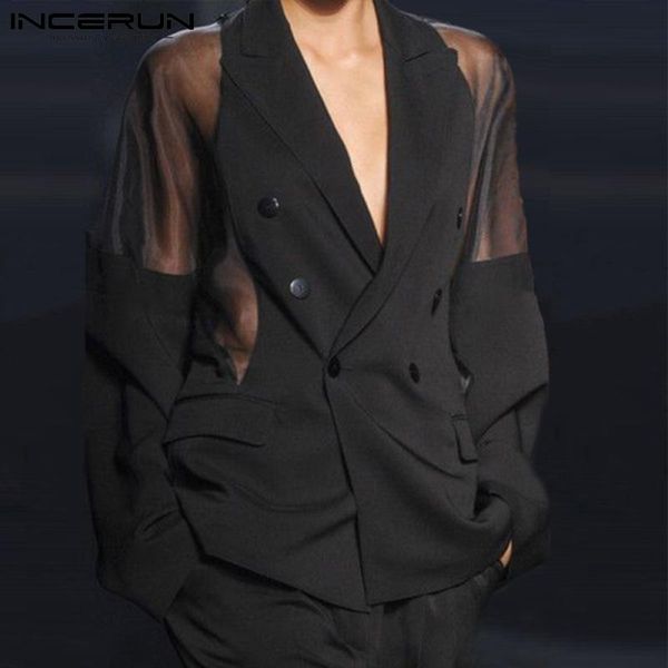 

men's suits & blazers men blazer mesh patchwork see through streetwear double breasted lapel long sleeve outerwear fashion casual incer, White;black
