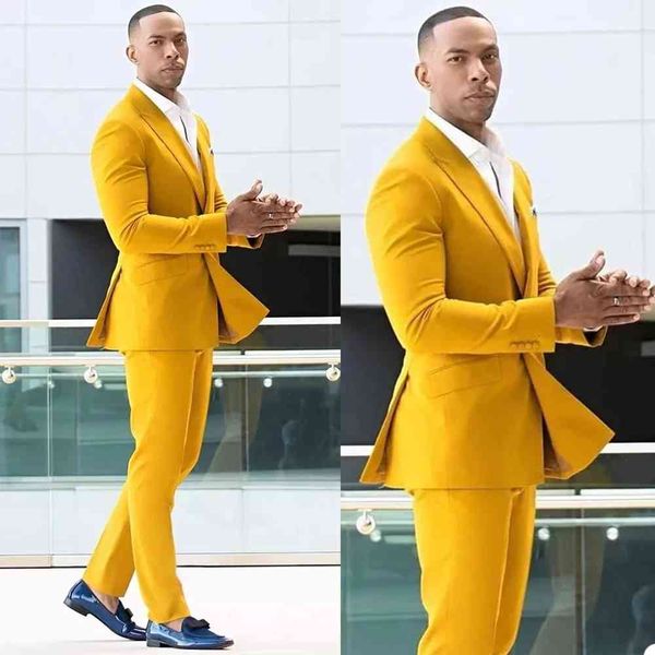 

men's suits & blazers yellow soild groom wedding tuxedos for prom party dinner 2 pieces double breasted jacket with pants arrival 1e5j, White;black