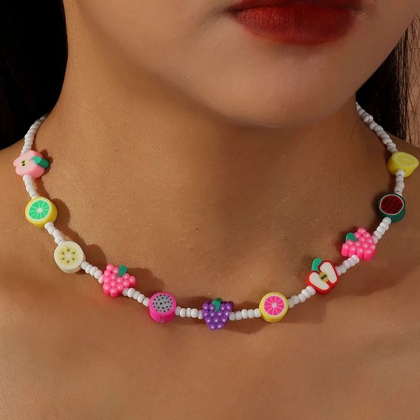 

2021 trend bohemian cute fruit beads short collar necklace handmade diy colorful choker for women statement boho jewelry, Golden;silver