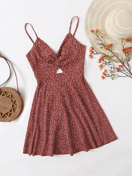 

twist front tie back ditsy floral print peekaboo cami dress u0xa#, Black;gray