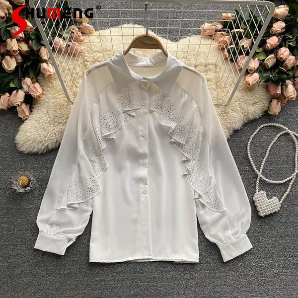 

women's blouses & shirts 2021 spring summer women long sleeve shirt rhinestone ruffled slim fit ladies fashion simple solid button up t, White