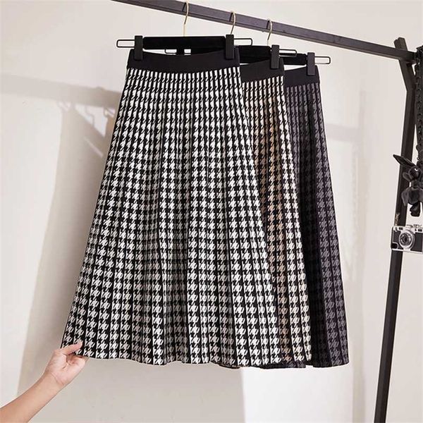 

tigena knitted plaid long skirt women autumn winter vintage elegant houndstooth a line high waist pleated midi female 211124, Black