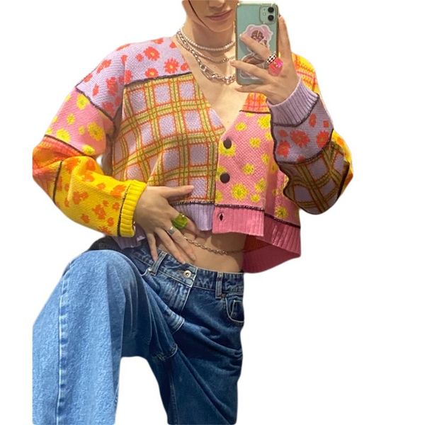 

women's knits & tees breathable girls long sleeve knitwear ladies floral plaid splicing single-breasted knitted coat casual cardigan sw, White