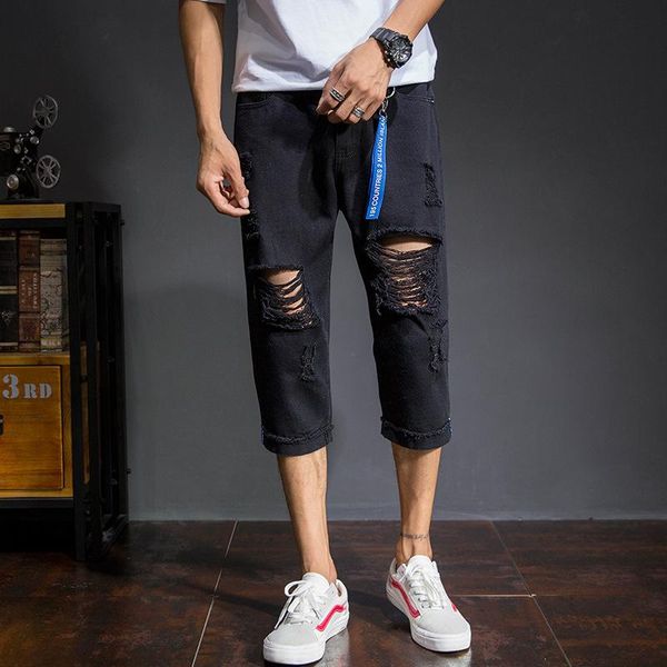 

men's jeans 2021 fashion summer white black loose hip hop cargo ripped hole solid casual beggar teenagers calf length pants, Blue