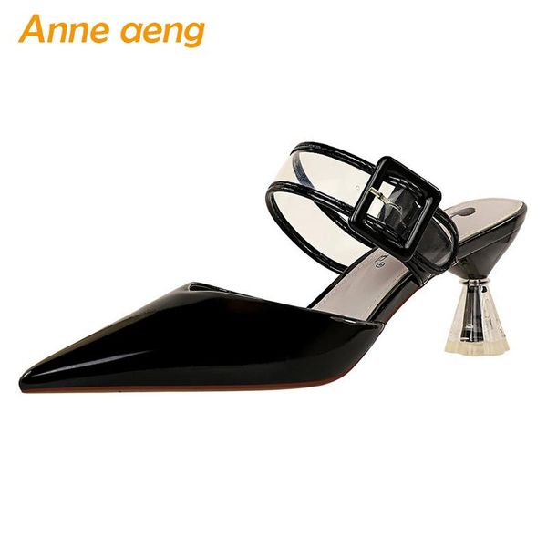 

slippers 2021 summer outside women high spike heel pointed toe solid buckle ladies shoes black female mules slides