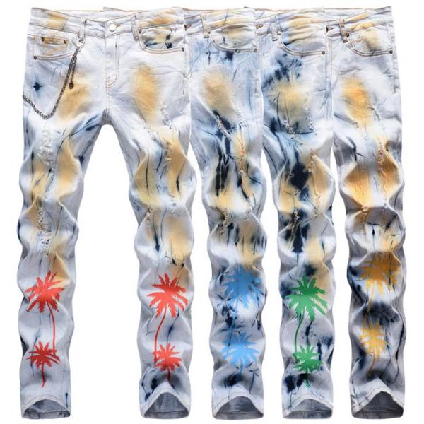 

men's jeans mens slim fits stretch casual retro skinny denim pants ripped long trousers, Blue