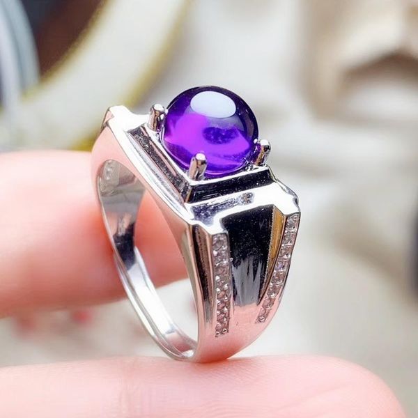 

cluster rings per jewelry men ring natural real amethyst or jade round 8*8mm 1.8ct gemstone 925 sterling silver t203231, Golden;silver