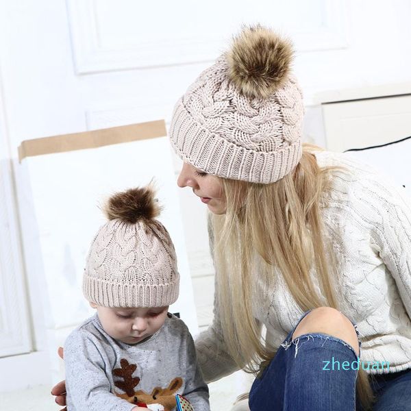 Berryies inverno donna in cotone cappelli a maglia per bambino o mamma calda pelliccia raccoon ragazzo ragazze berretto berretti cappello da donna 2021