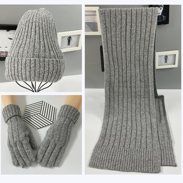 

hats, scarves & gloves sets autumn and winter fashion high-end real wool knitted three-piece women's solid color warm hood hat scarf se, Blue;gray