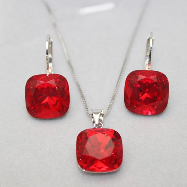

earrings & necklace red jewelry set made with austrian crystal for bridal engagement party fashion square pendant and earings sets jewellery, Silver