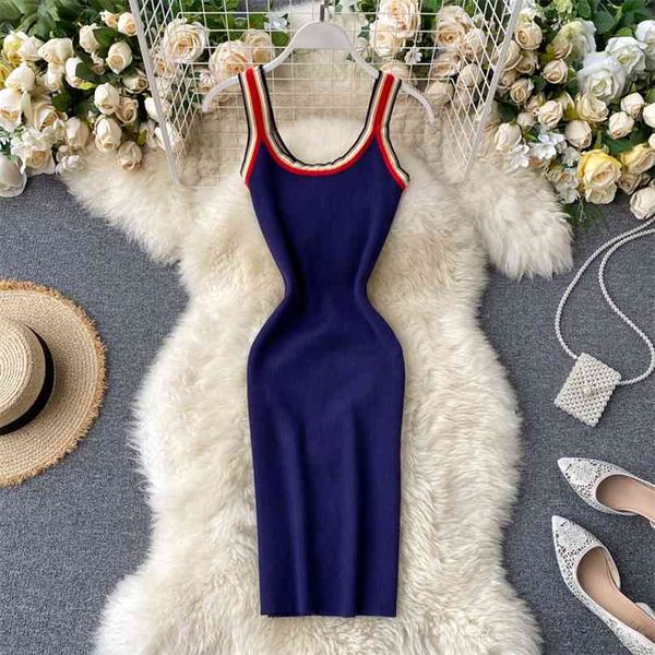 

ins summer fashion women sleeveless strap knitted package hip dress vestidos l609 210527, Black;gray