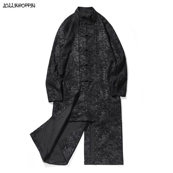 

chinese style men black tang jacket stand collar embossed pattern 2021 long robe frog closures male outerwear men's jackets, Black;brown