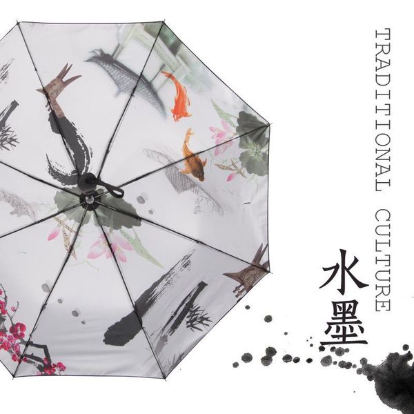 

umbrellas simanfei three folding art ink painting umbrella 2021 women sunny waterproof parasol chinese style loyus