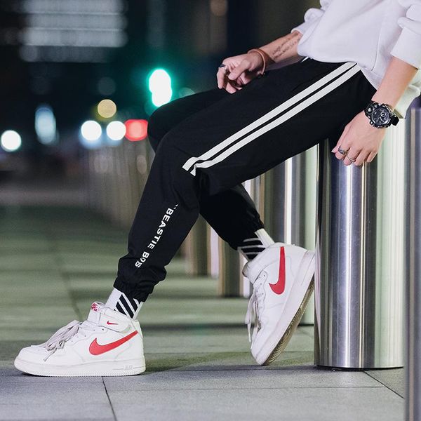 

spring and autumn loose print sweatpants trend pants slim elastic band men men's, Black