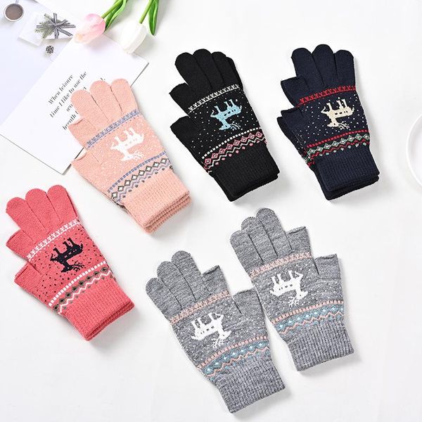 

sports gloves winter warm thickened women's half-finger elk printed neutral soft comfortable durable knitted, Black