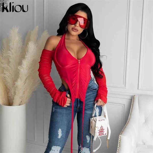 KLIOU Solid T-shirt Tops Women Zip Pleated Halter con scollo a V a maniche lunghe Backless Sexy Party Clubwear T -EES 210819