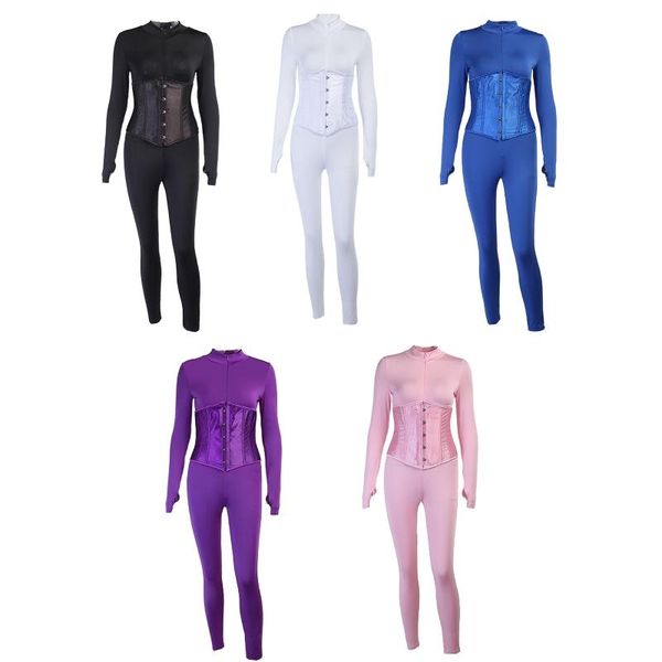 

women 2pcs long sleeve turtleneck half zipper jumpsuit with lace-up corset set e56a women's jumpsuits & rompers, Black;white