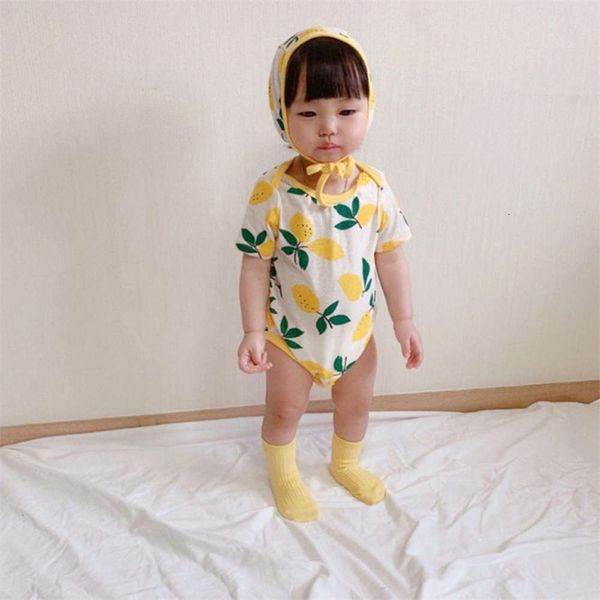 

style baby girl's one piece full print fruit set spring summer round neck short sleeve children's long climbing suit, White