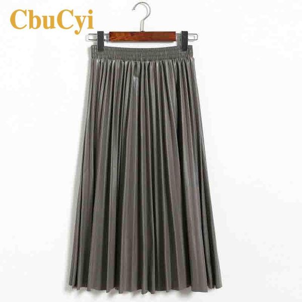 

skirts women faux leather skirt autumn winter elastic waist elegant midi high pleated female faldas largas, Black