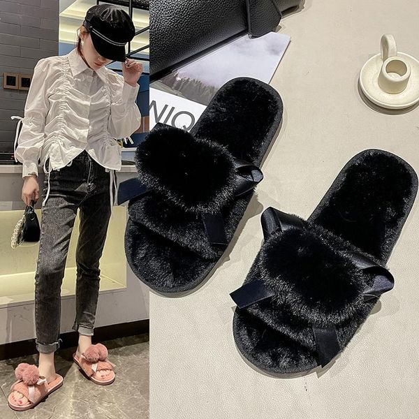 

slippers flats soft plush shallow slides flip flops 2021 autumn winter luxury warm fur sweet fashion casual women shoes lady, Black