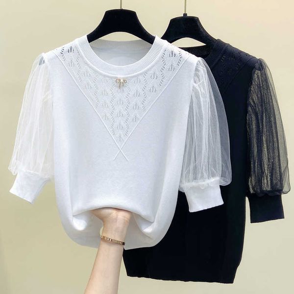 

4xl plus size mesh women sweater pullover short sleeve o neck beading solid patchwork oversized sweaters jumper 210604, White;black