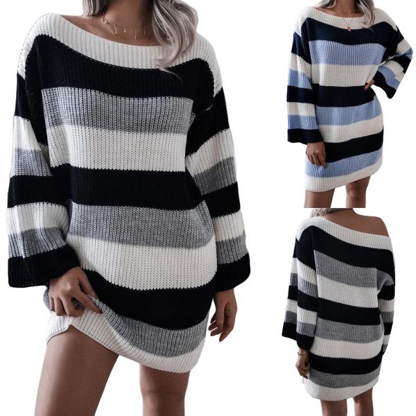 

women's sweaters women off-the-shoulder knit dress adults loose striped knitted sweater color block boat neck long sleeve pullovers, White;black