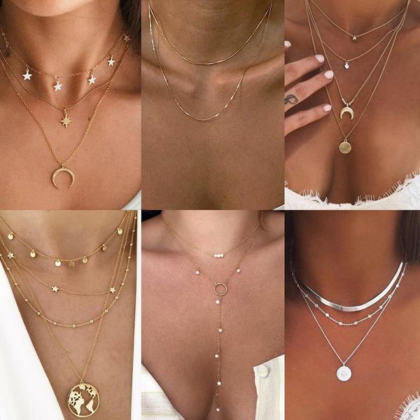 

chains vintage multilayer crystal pendant necklace women gold color pearl choker necklaces jewelry boho chain beach, Silver