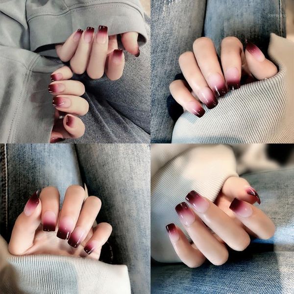 

24pcs false nail full cover fake crystal elegant gradient french short nails square double-sided glue shape fake1, Red;gold