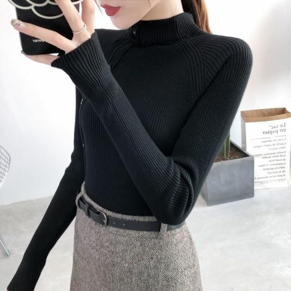 

women's sweaters knitted sweater autumn and winter half high collar slim long sleeve needle, White;black
