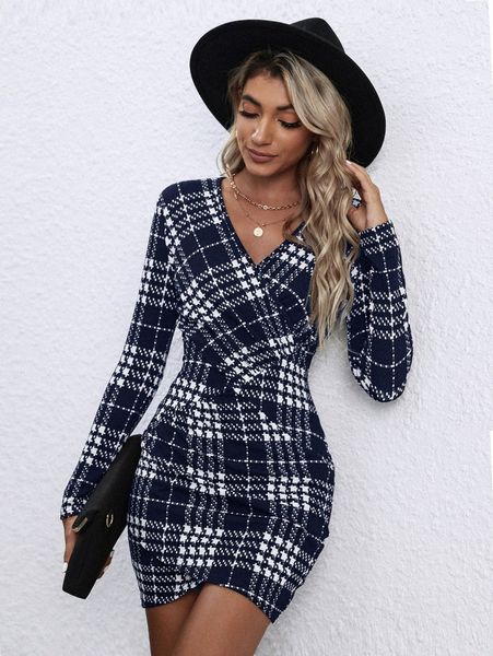 

plaid print surplice neck bodycon dress q9pu#, Black;gray